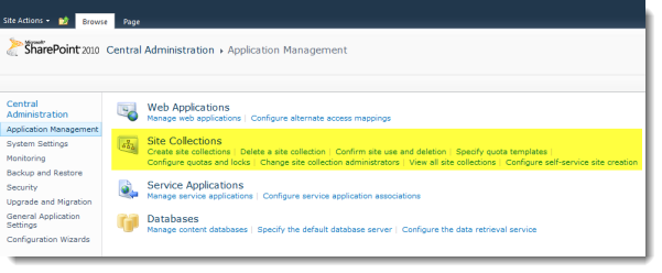 SharePoint Central Administration - Site Collections