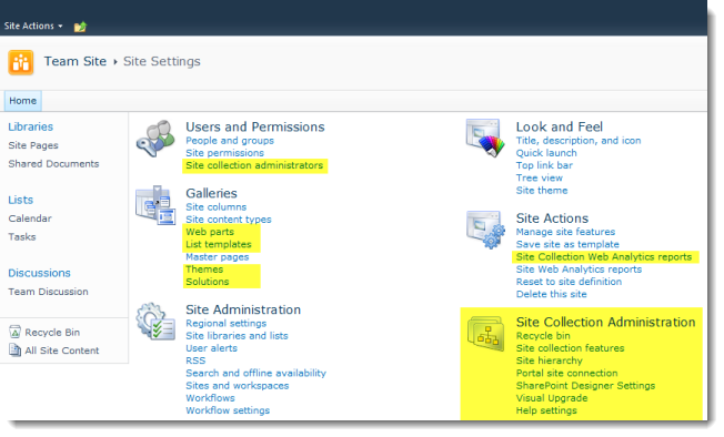 SharePoint top level site settings